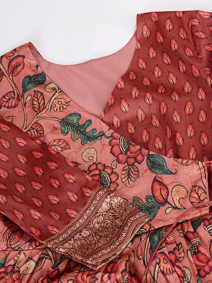 Anarkali Kalamkari Printed Floral Gown for Women - Red