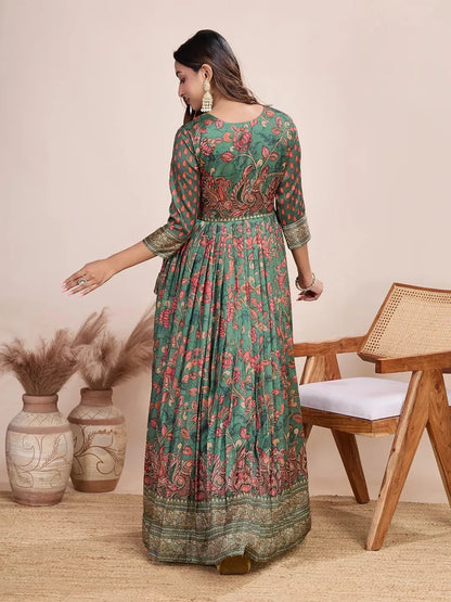 Anarkali Kalamkari Printed Floral Gown for Women - Green