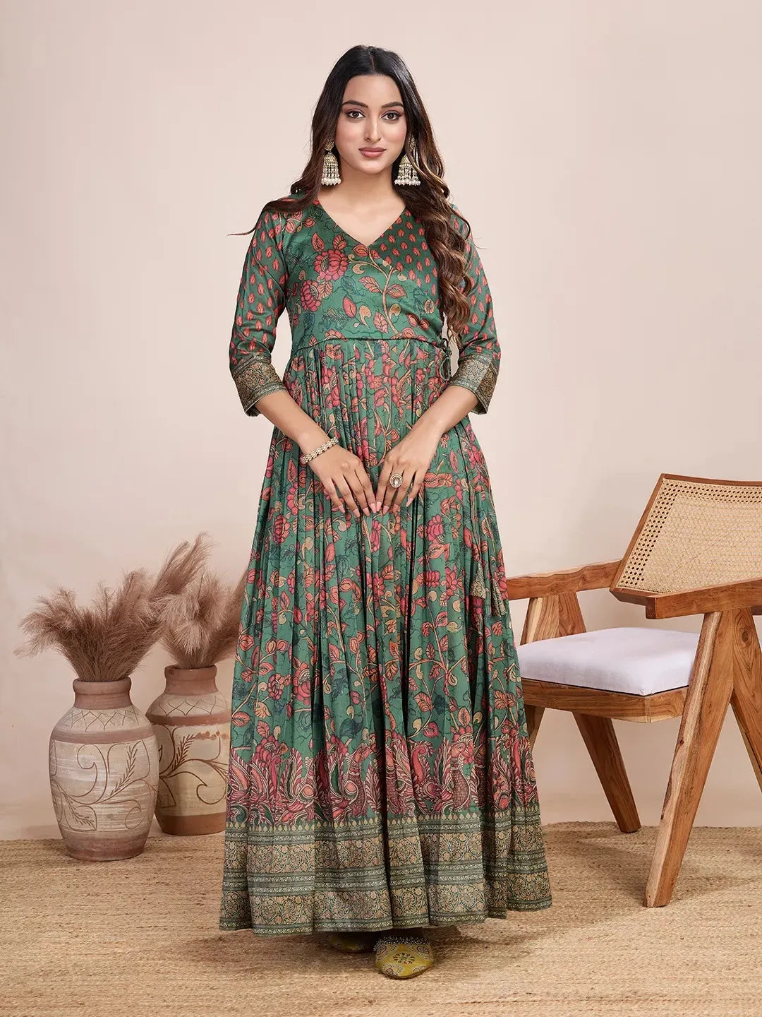 Anarkali Kalamkari Printed Floral Gown for Women - Green