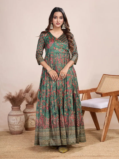 Anarkali Kalamkari Printed Floral Gown for Women - Green