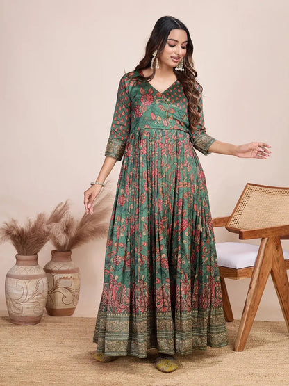 Anarkali Kalamkari Printed Floral Gown for Women - Green