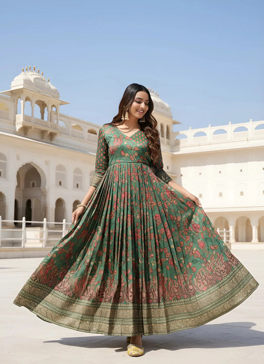Anarkali Kalamkari Printed Floral Gown for Women - Green