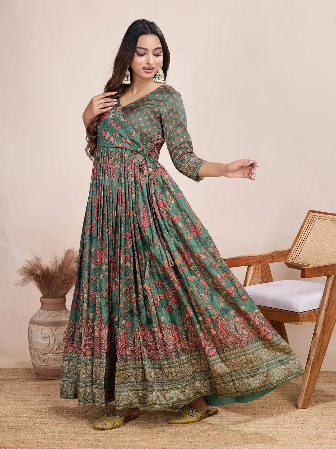 Anarkali Kalamkari Printed Floral Gown for Women - Green