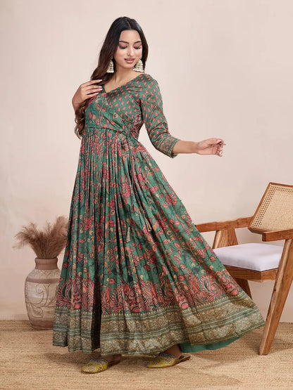 Anarkali Kalamkari Printed Floral Gown for Women - Green
