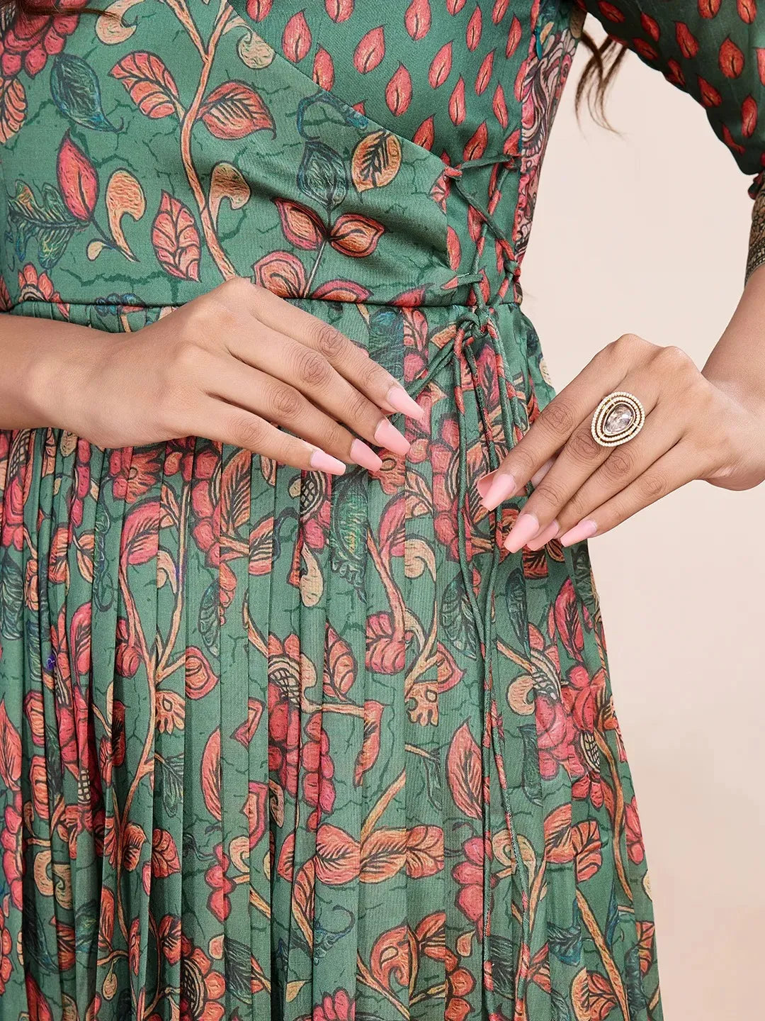 Anarkali Kalamkari Printed Floral Gown for Women - Green