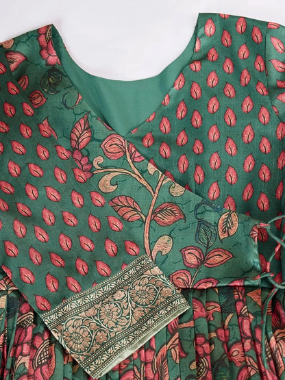 Anarkali Kalamkari Printed Floral Gown for Women - Green