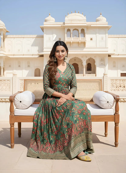 Anarkali Kalamkari Printed Floral Gown for Women - Green