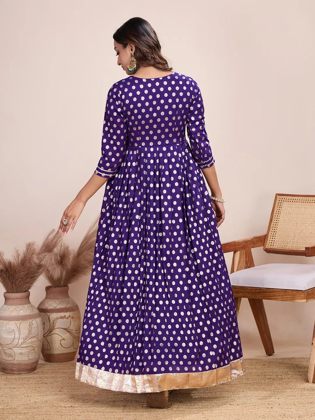 Purple Polka Zari Woven Anarkali Gown