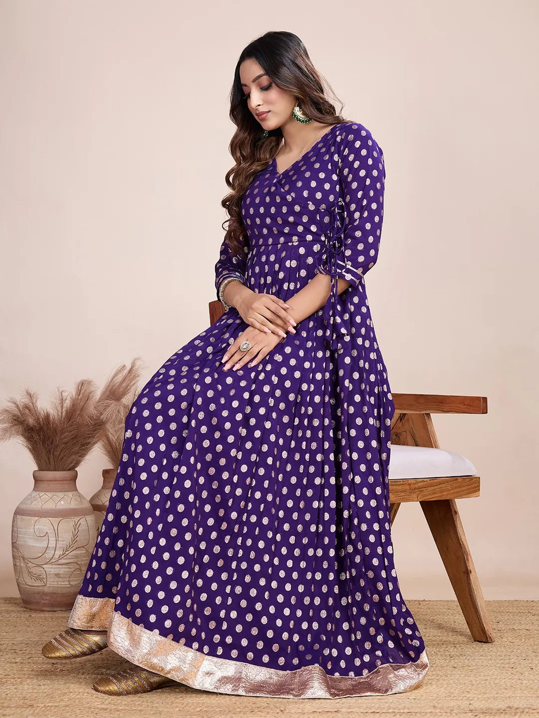 Purple Polka Zari Woven Anarkali Gown