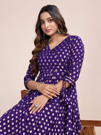 Purple Polka Zari Woven Anarkali Gown