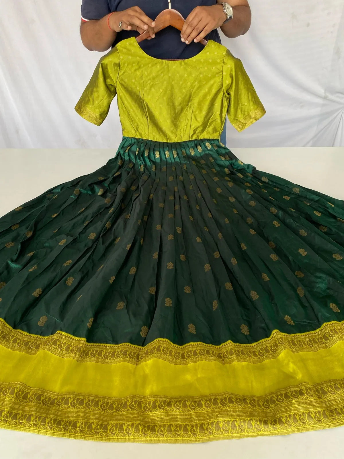 Green Zari Butti Anarkali Gown with Lime Contrast Border