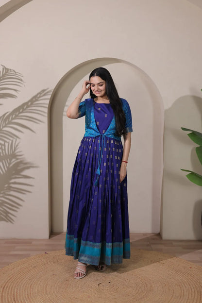 Blue Zari Butti Anarkali Gown with Lime Contrast Border