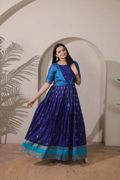 Blue Zari Butti Anarkali Gown with Lime Contrast Border
