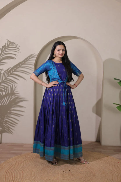 Blue Zari Butti Anarkali Gown with Lime Contrast Border