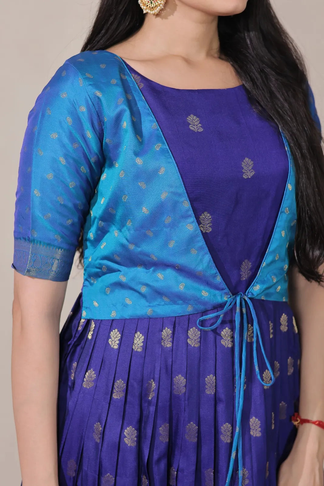 Blue Zari Butti Anarkali Gown with Lime Contrast Border