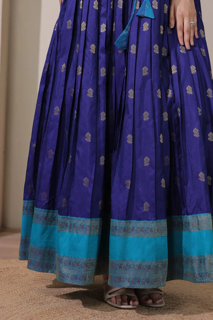 Blue Zari Butti Anarkali Gown with Lime Contrast Border