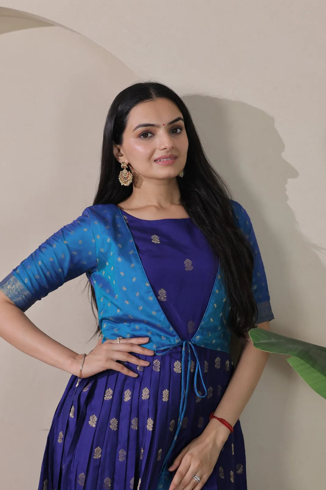 Blue Zari Butti Anarkali Gown with Lime Contrast Border