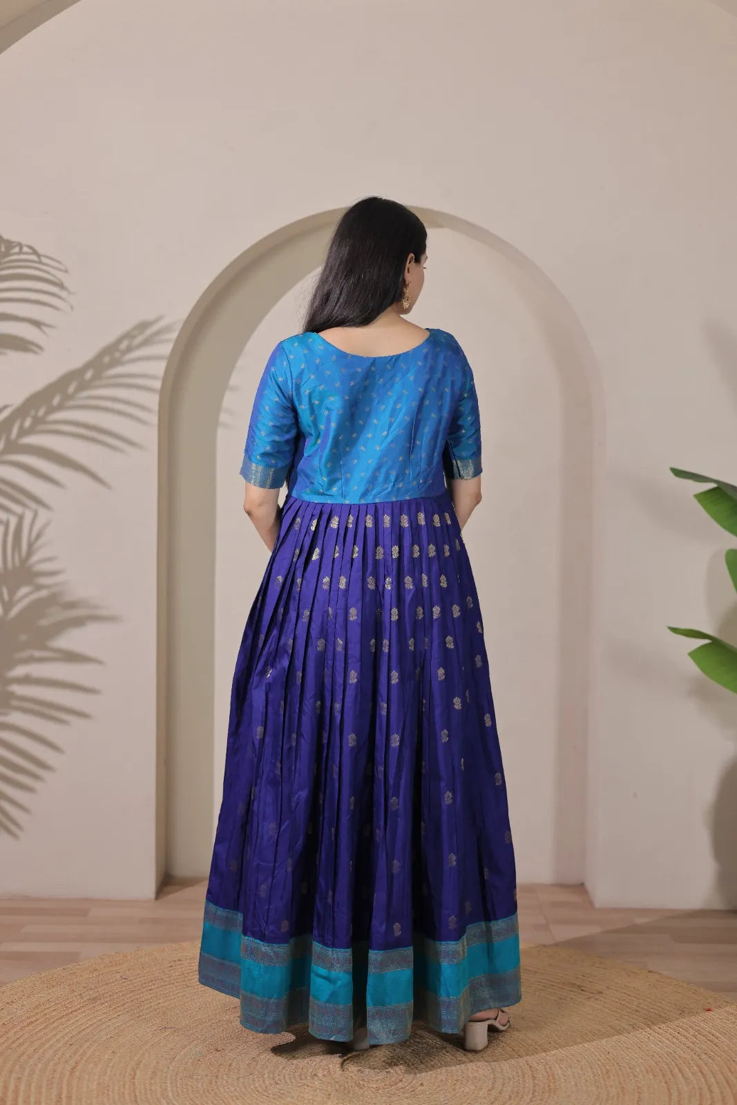 Blue Zari Butti Anarkali Gown with Lime Contrast Border