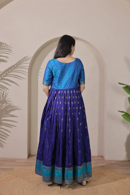 Blue Zari Butti Anarkali Gown with Lime Contrast Border