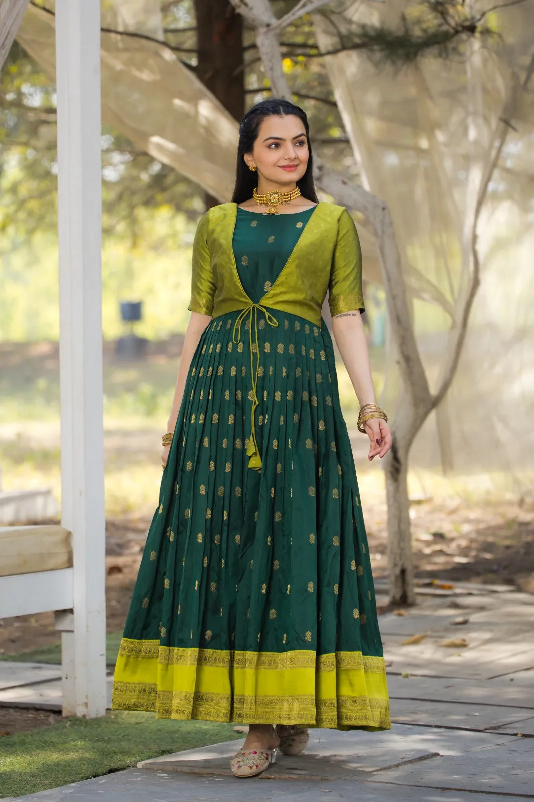 Green Zari Butti Anarkali Gown with Lime Contrast Border