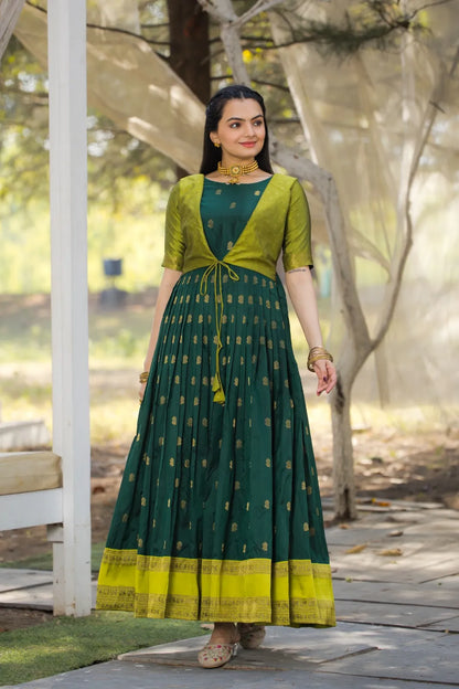 Green Zari Butti Anarkali Gown with Lime Contrast Border