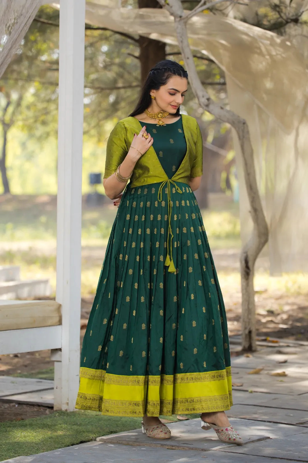 Green Zari Butti Anarkali Gown with Lime Contrast Border