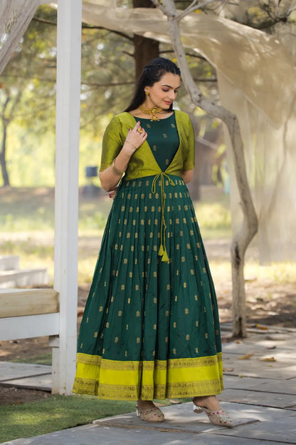 Green Zari Butti Anarkali Gown with Lime Contrast Border