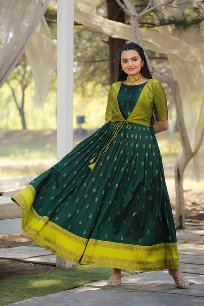 Green Zari Butti Anarkali Gown with Lime Contrast Border