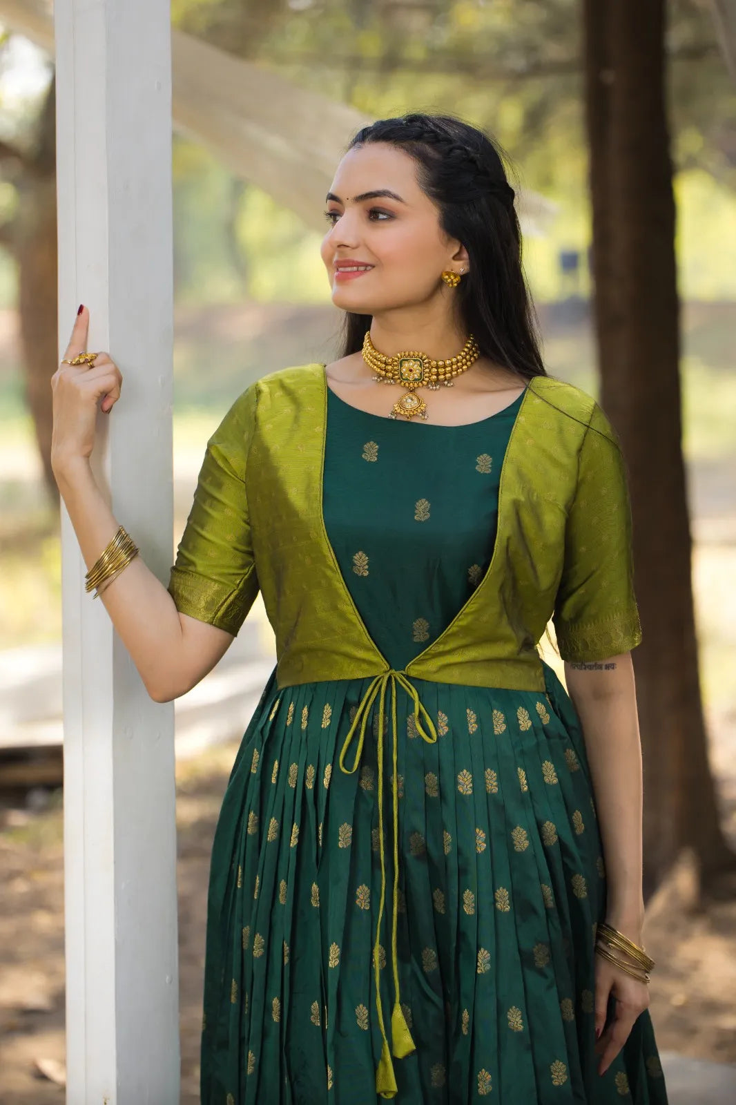 Green Zari Butti Anarkali Gown with Lime Contrast Border