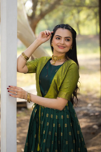 Green Zari Butti Anarkali Gown with Lime Contrast Border