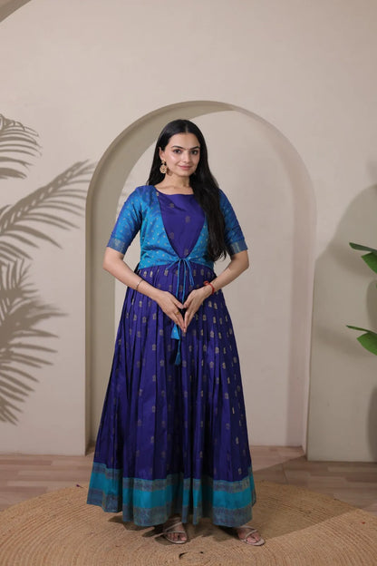 Blue Zari Butti Anarkali Gown with Lime Contrast Border