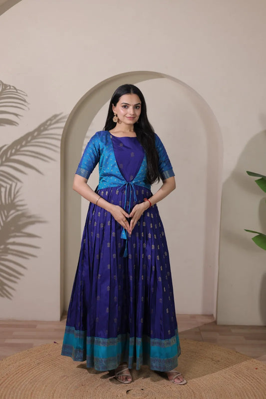 Blue Zari Butti Anarkali Gown with Lime Contrast Border