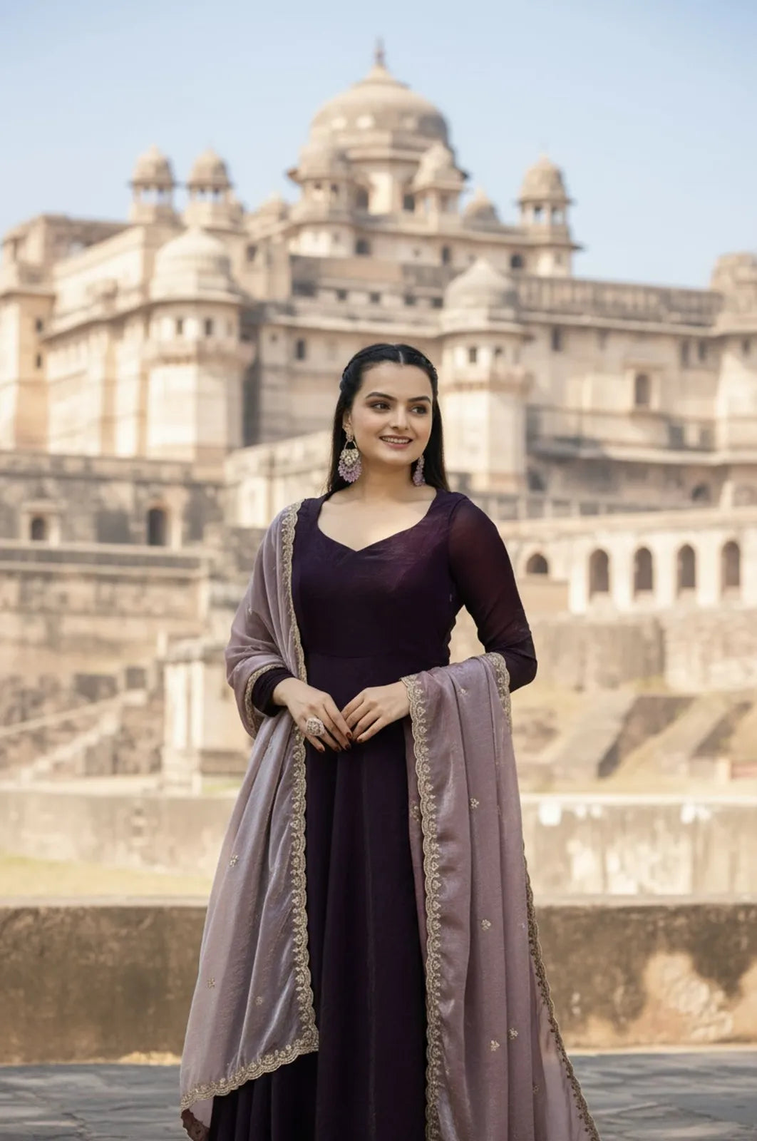 Premium Space Silk Flared Zari Embroidered Gown - Wine