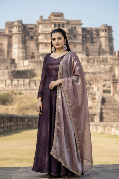 Premium Space Silk Flared Zari Embroidered Gown - Wine