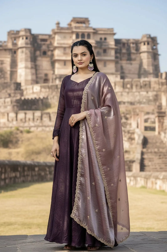 Premium Space Silk Flared Zari Embroidered Gown - Wine