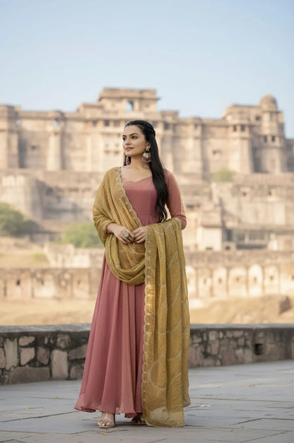 Premium Space Silk Flared Zari Embroidered Gown - Pink