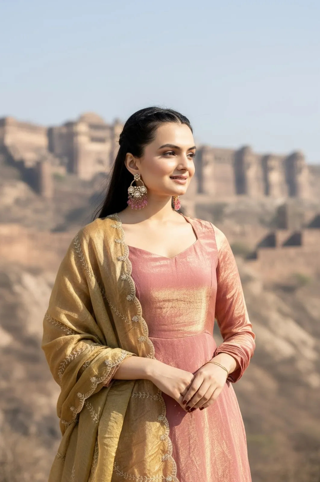 Premium Space Silk Flared Zari Embroidered Gown - Pink