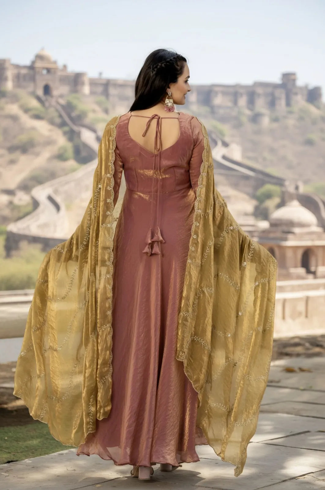 Premium Space Silk Flared Zari Embroidered Gown - Pink