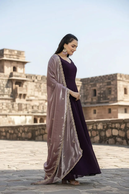 Premium Space Silk Flared Zari Embroidered Gown - Wine