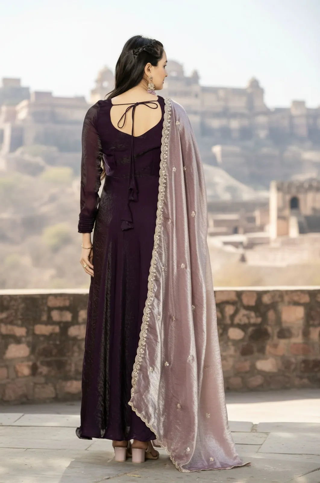 Premium Space Silk Flared Zari Embroidered Gown - Wine