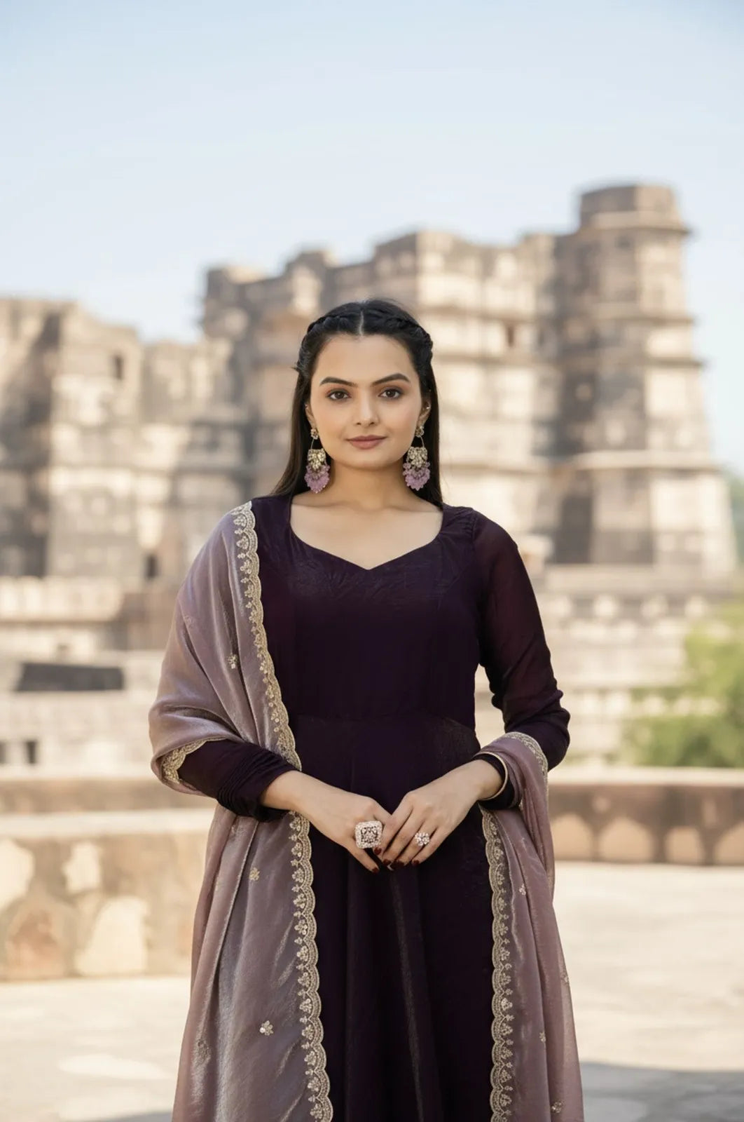 Premium Space Silk Flared Zari Embroidered Gown - Wine