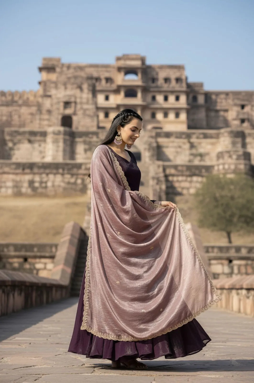 Premium Space Silk Flared Zari Embroidered Gown - Wine