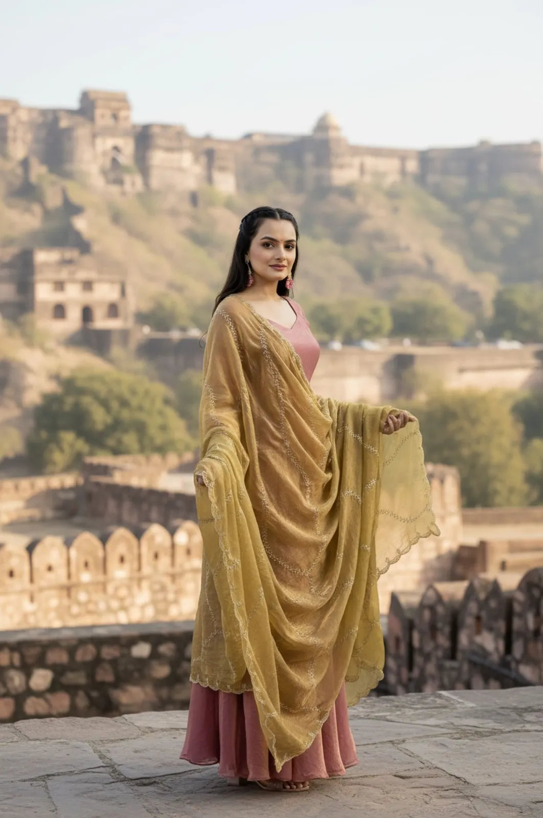 Premium Space Silk Flared Zari Embroidered Gown - Pink