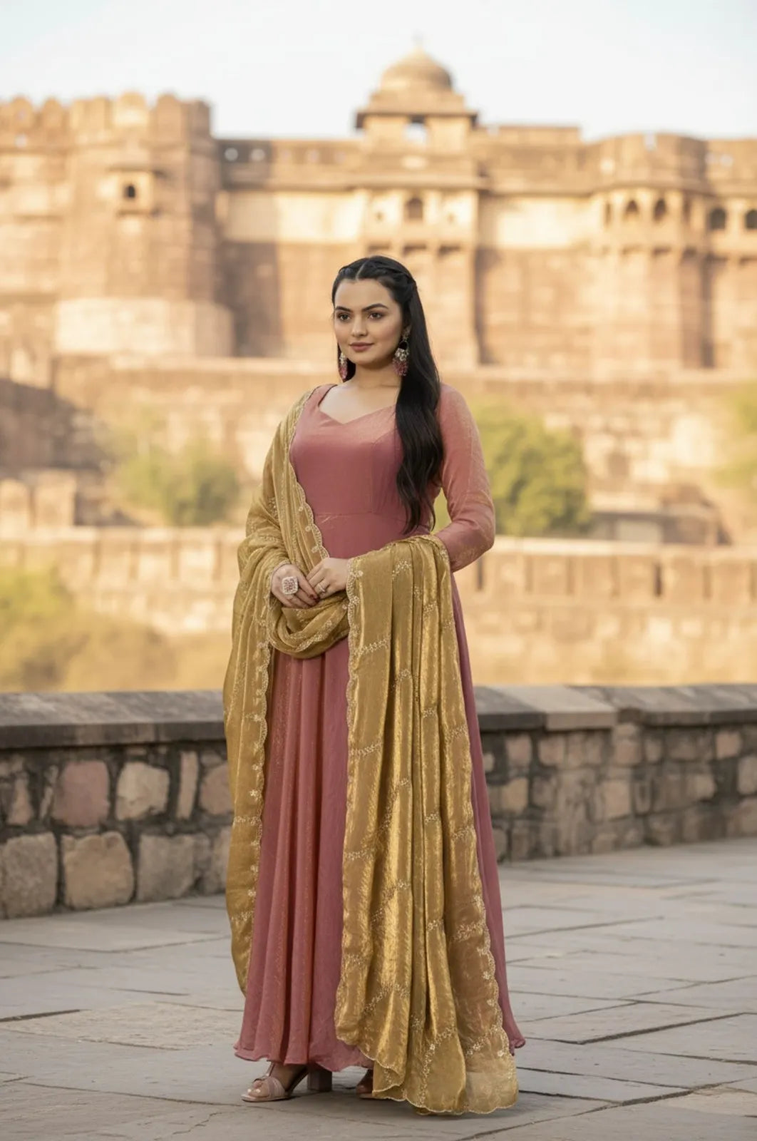 Premium Space Silk Flared Zari Embroidered Gown - Pink