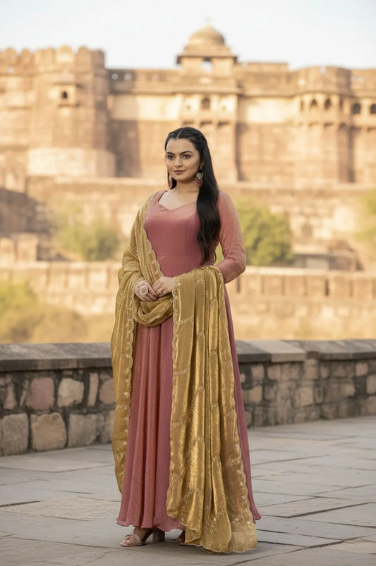 Premium Space Silk Flared Zari Embroidered Gown - Pink