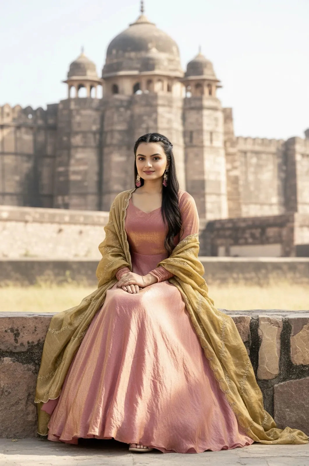 Premium Space Silk Flared Zari Embroidered Gown - Pink