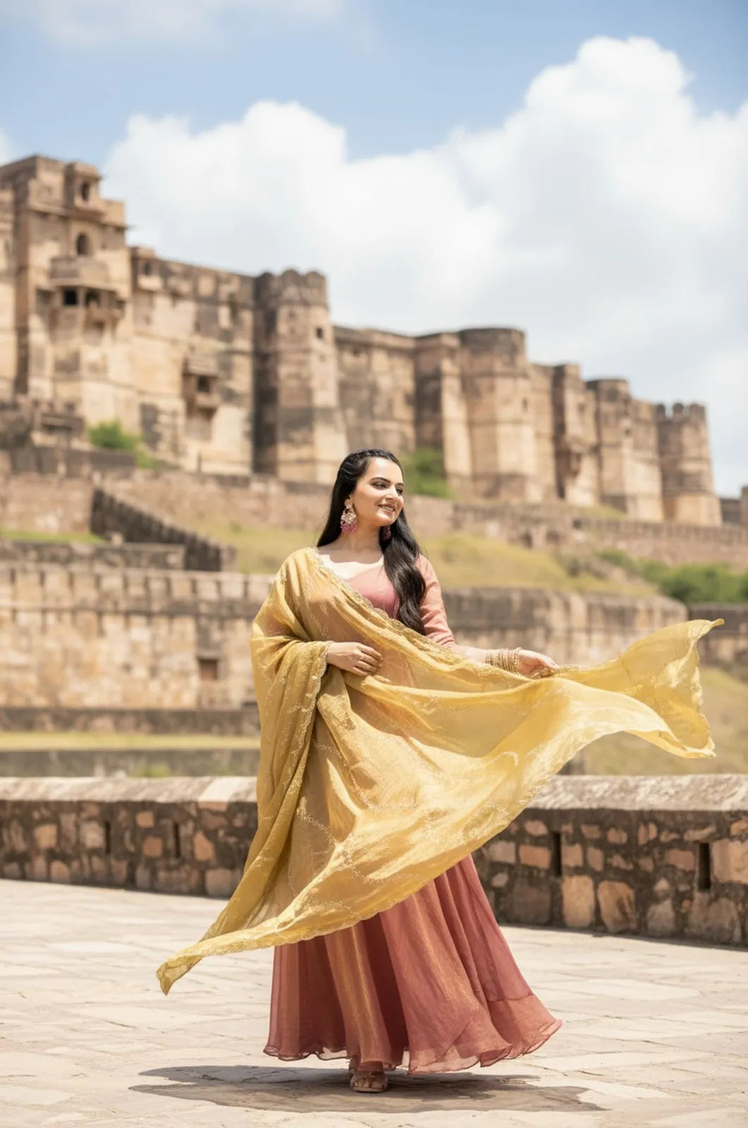 Premium Space Silk Flared Zari Embroidered Gown - Pink