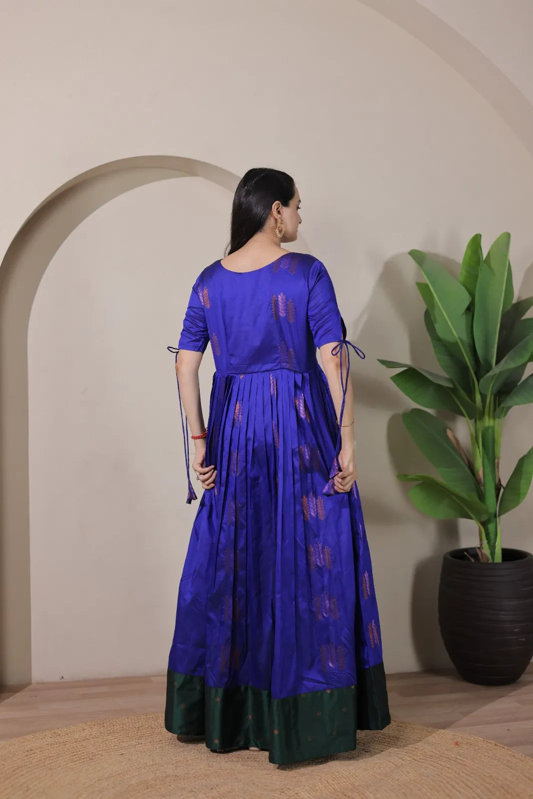 Pleated Flared Silk Tie-Up Sleeves Gown - Blue