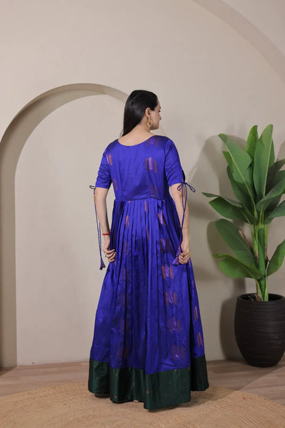 Pleated Flared Silk Tie-Up Sleeves Gown - Blue