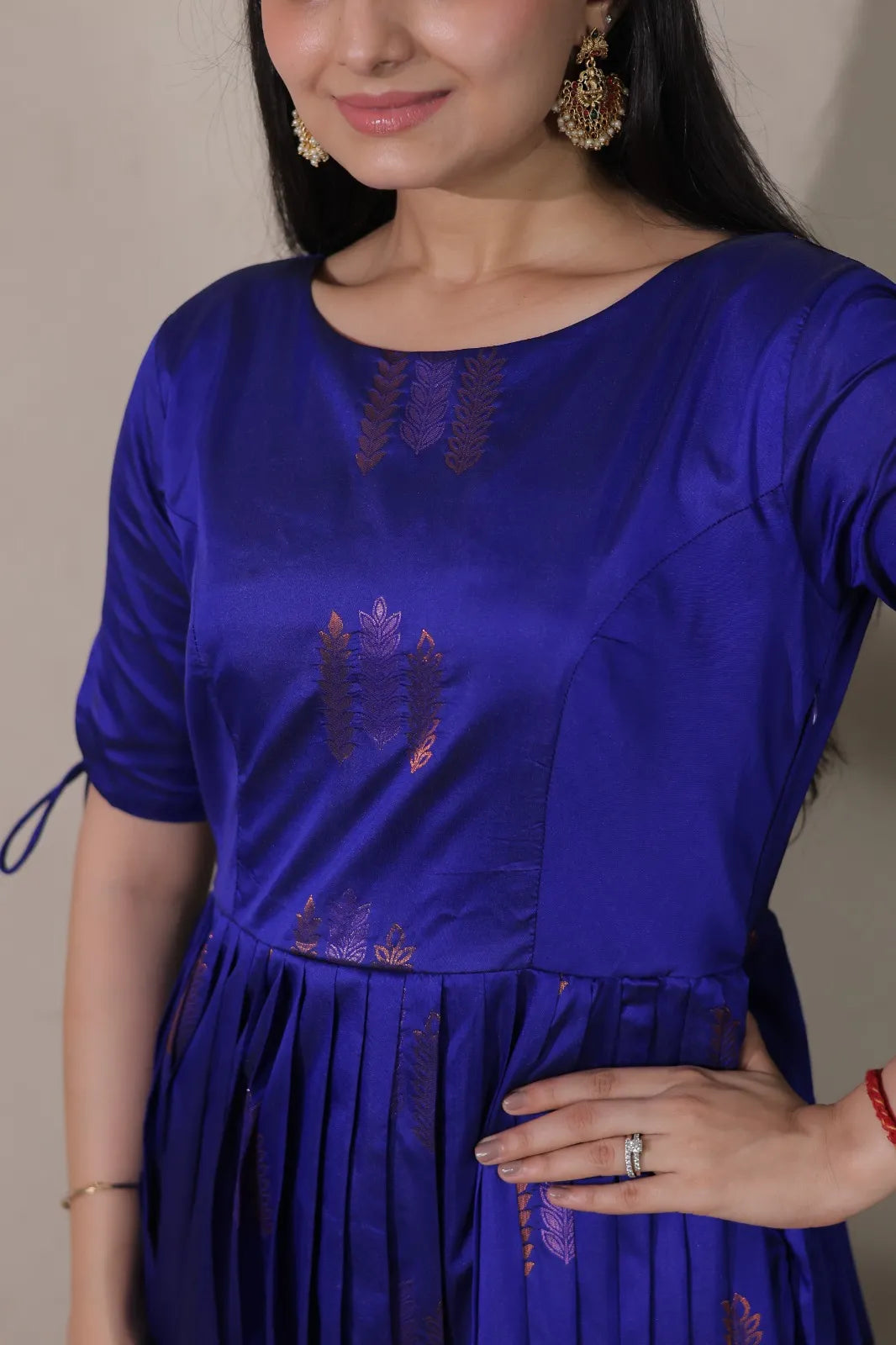 Pleated Flared Silk Tie-Up Sleeves Gown - Blue